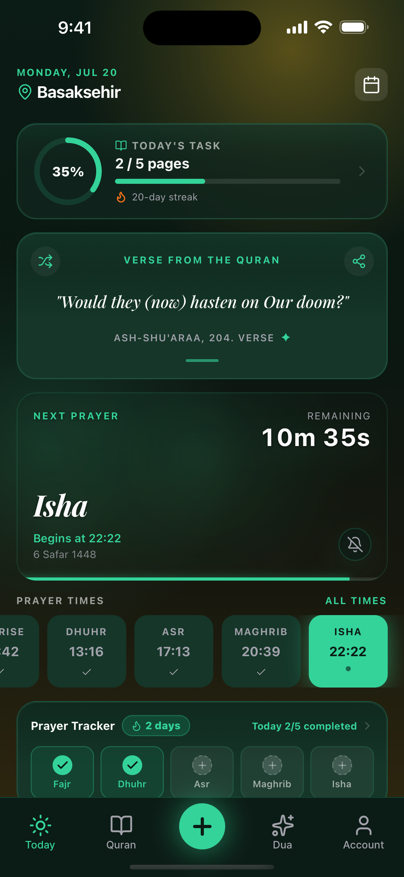 PrayPath ana ekranı - günlük namaz vakitleri ve geri sayım