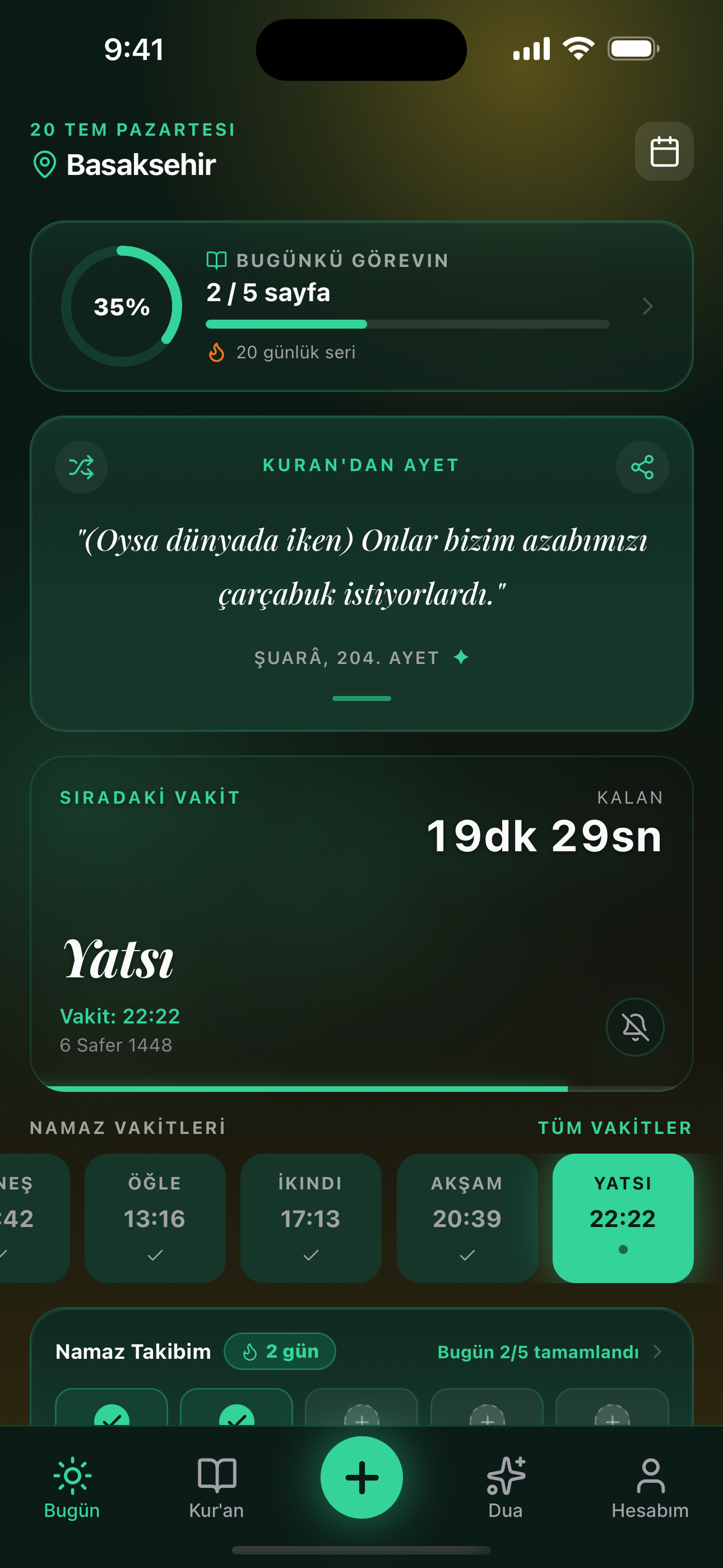 PrayPath ana ekranı - günlük namaz vakitleri ve geri sayım